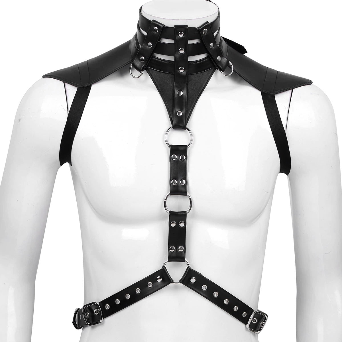 Faux leather body chest harness with adjustable straps for a sexy cosplay or bondage look.
