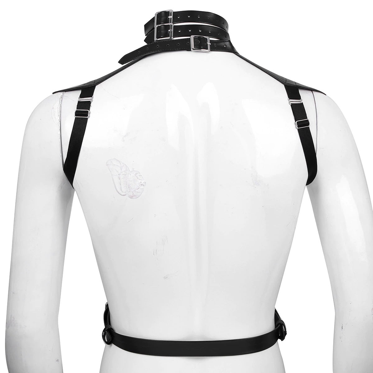Back view of a stylish faux leather chest harness with adjustable straps, perfect for cosplay and bondage.