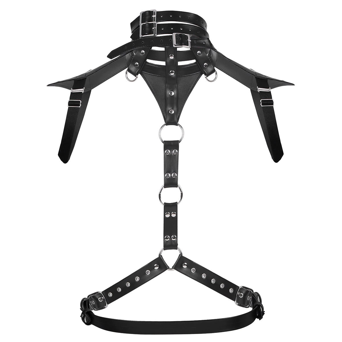 Sleek faux leather body chest harness featuring adjustable straps and punk design for cosplay and bondage.