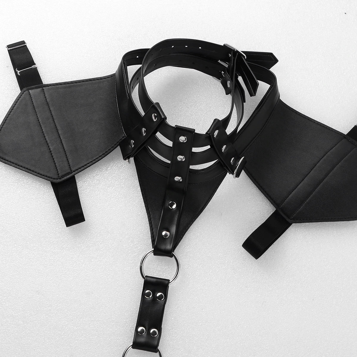 Faux leather body chest harness with adjustable straps and unique design ideal for cosplay and bondage outfits.