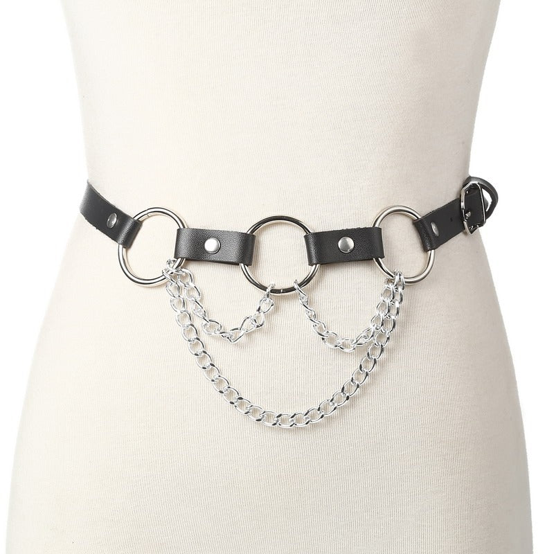 Faux leather body harness with chain, stylish waist accessory for women, perfect for gothic and edgy outfits.