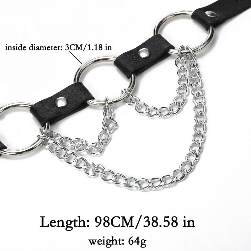 Faux leather and chain waist harness belt for women, featuring unique design and metal accents, perfect for gothic style outfits.