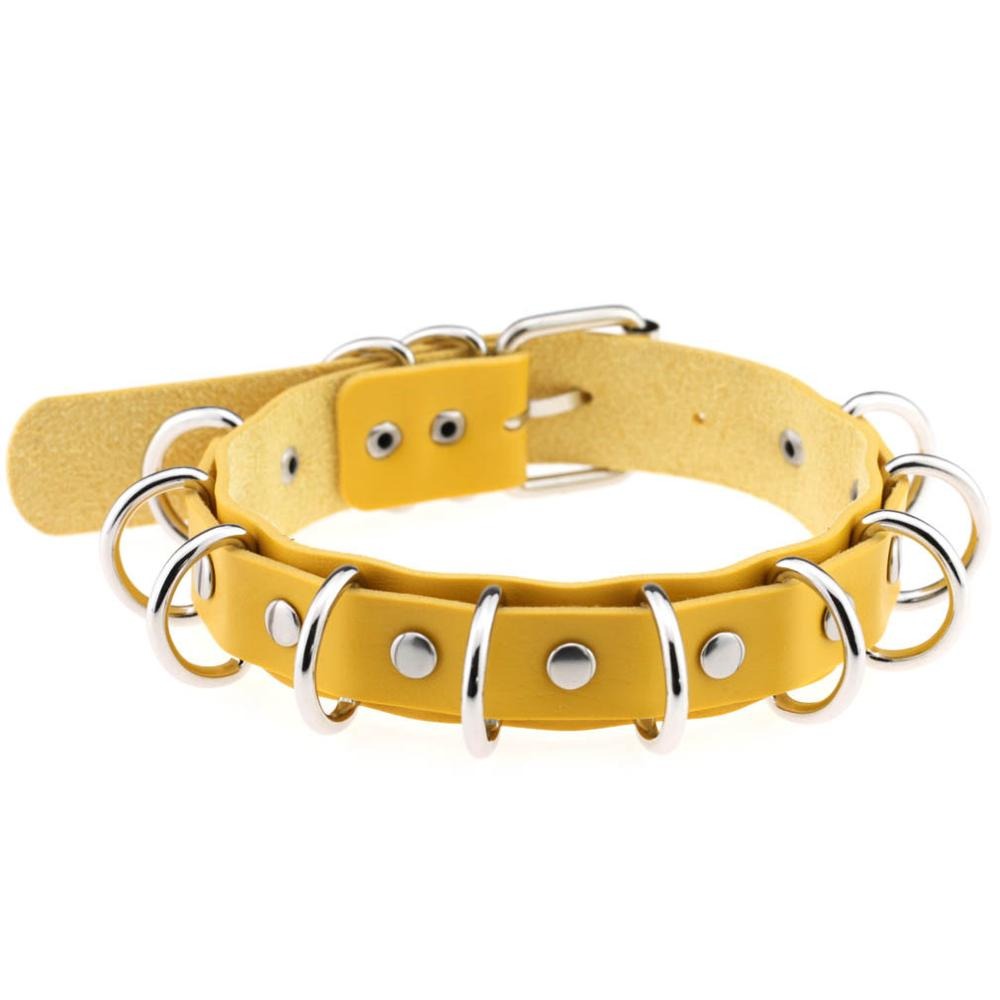 Yellow faux leather choker with metal rings, perfect for goth and punk fashion enthusiasts.