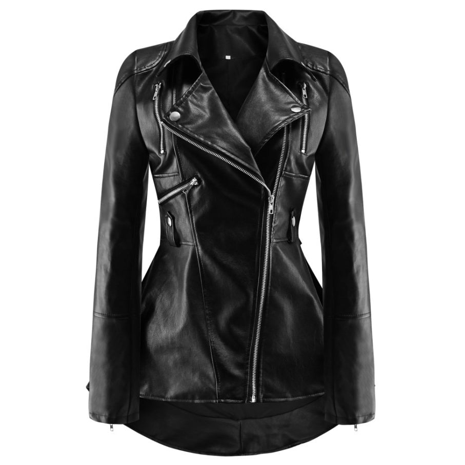 Women's black faux leather motorcycle jacket with zippers, rivets, and an original design for a classic rock look.