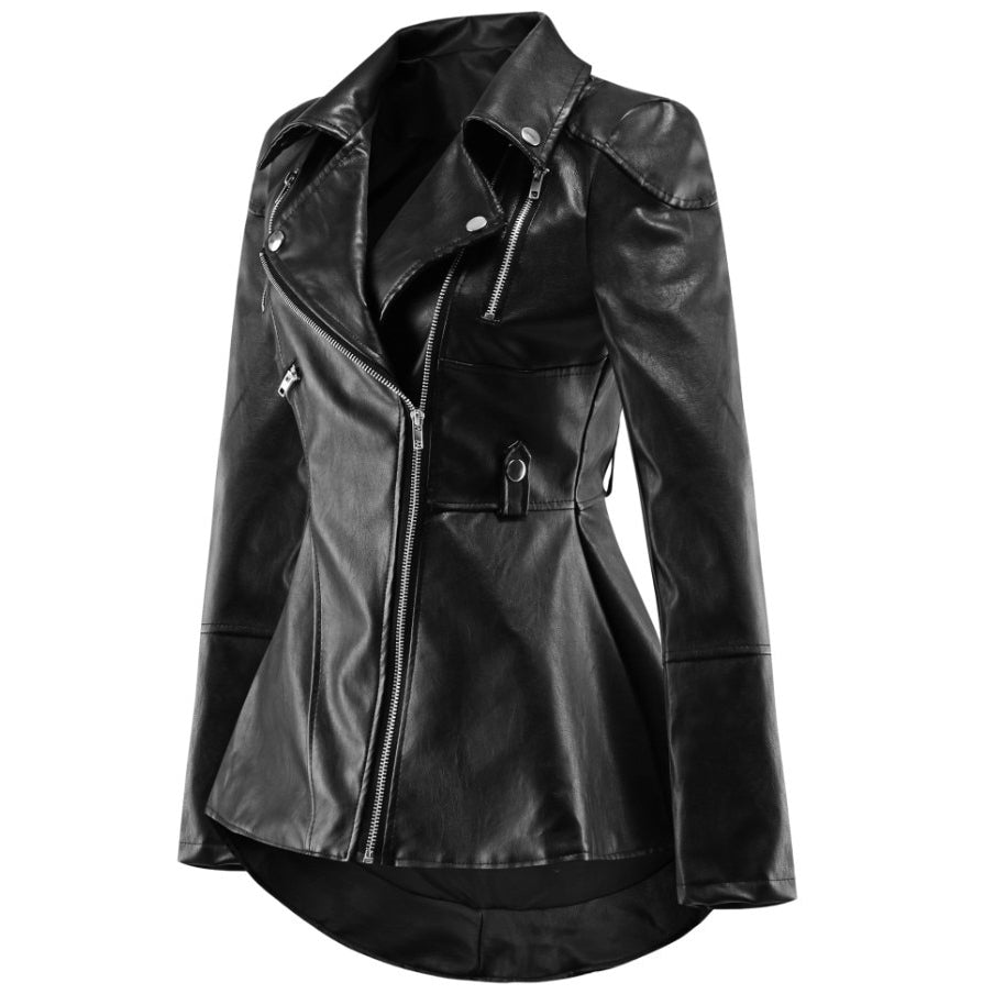 Stylish women's black faux leather motorcycle jacket with zippers and rivets for a trendy rock look.