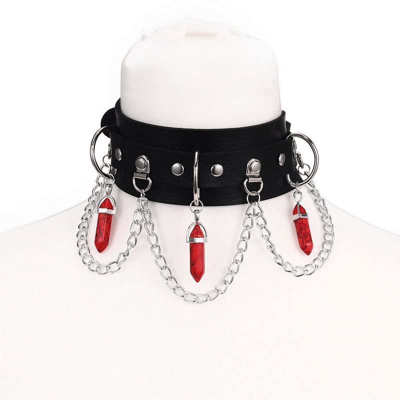 Faux leather choker with red hexagonal stone pendants and chains, perfect for gothic style accessories.