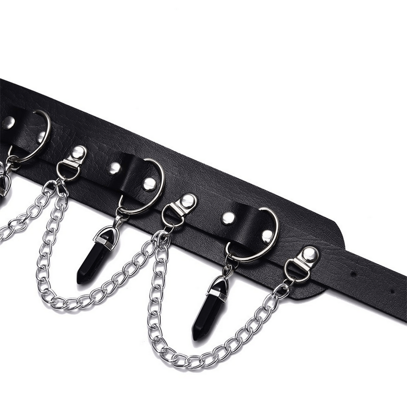 Faux leather choker with hexagonal stone pendants and chains, perfect for goth style fashion.