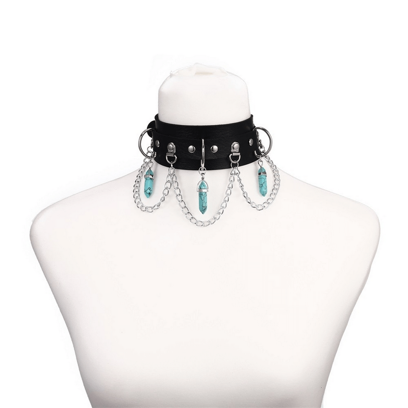 Faux leather choker with hexagonal stone pendants and chains, stylish gothic accessory for women.