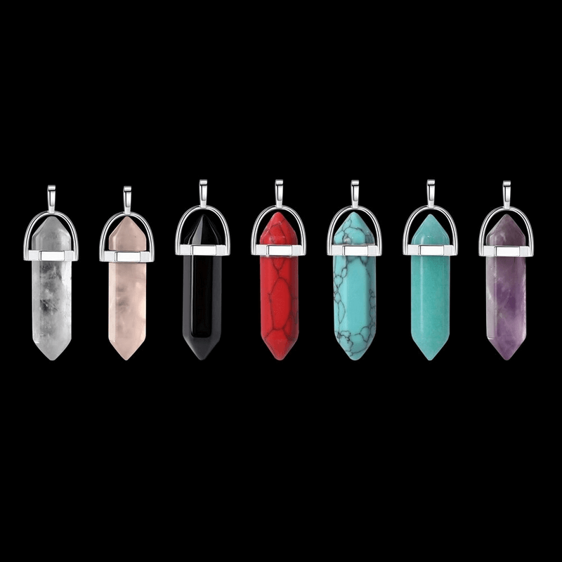 Collection of hexagonal stone pendants in various colors, featuring silver accents, ideal for gothic style accessories.