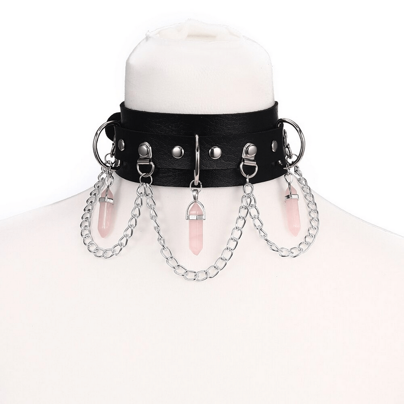 Faux leather choker with hexagonal stone pendants and chains, perfect for gothic style outfits.
