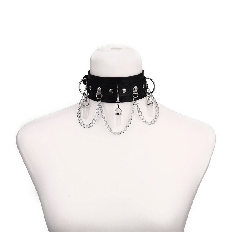 Faux leather rivet choker with silver chains and accents, perfect goth style accessory for women.