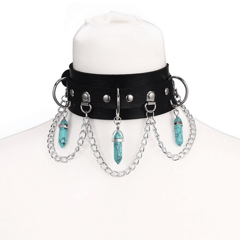 Faux leather choker with hexagonal stone pendants and chains, showcasing gothic style accessories for women.