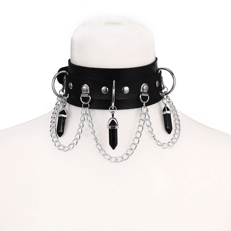 Faux leather rivet choker with chains and hexagonal stone pendants in goth style for women.
