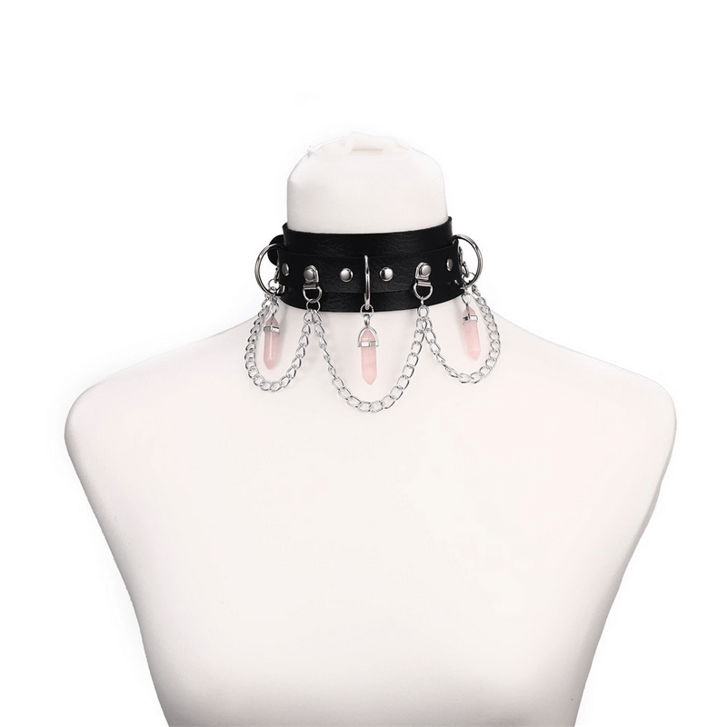 Faux leather rivet choker with hexagonal stone pendants and chains in goth style for women.