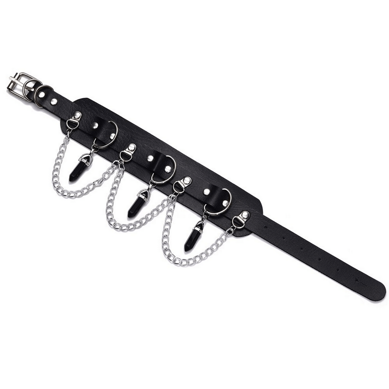 Faux leather choker with hexagonal stone pendants and chains, perfect gothic accessory for women.