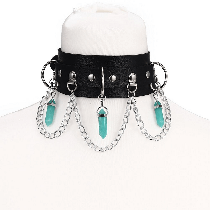 Faux leather gothic choker with hexagonal stone pendants and silver chains for stylish women.