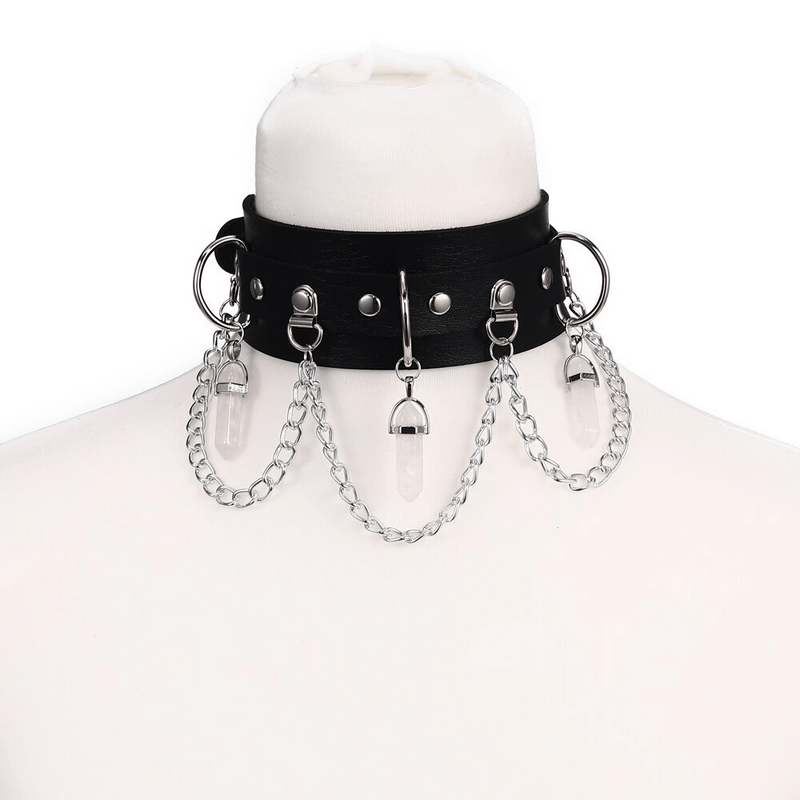 Faux leather choker with hexagonal stone pendants and chains, perfect for gothic style lovers.