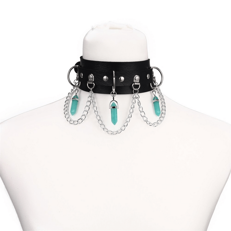 Faux leather rivet choker with hexagonal turquoise stone pendants and silver chains, perfect gothic style accessory for women.