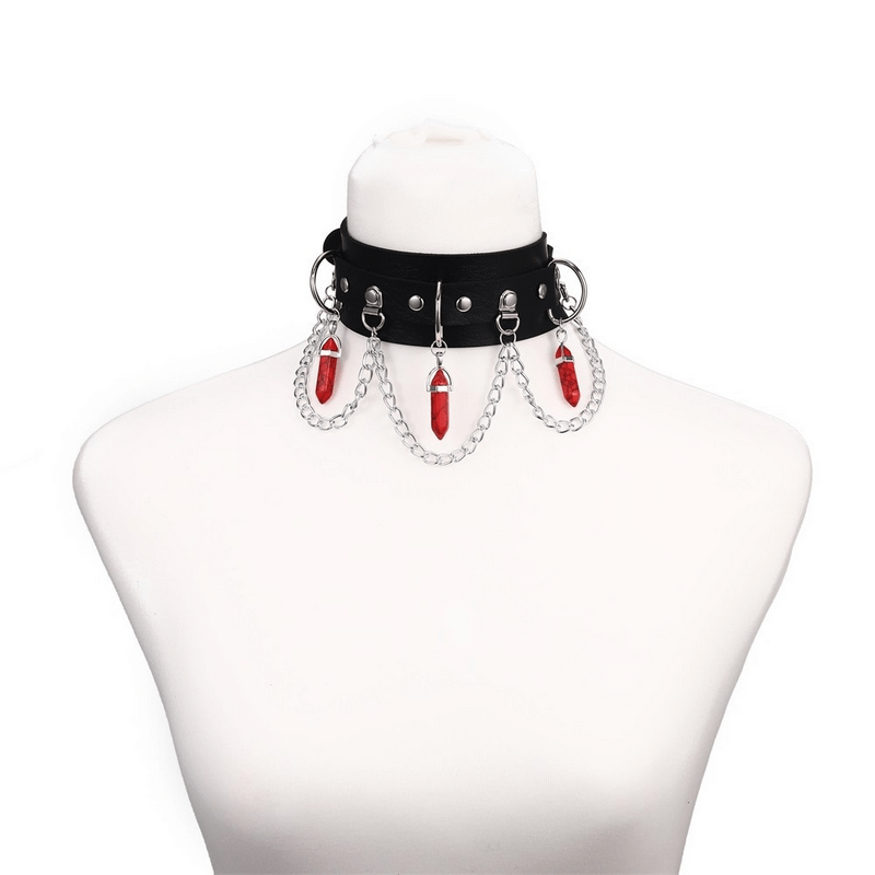 Stylish faux leather choker with red hexagonal pendants and chains, perfect for goth fashion lovers.