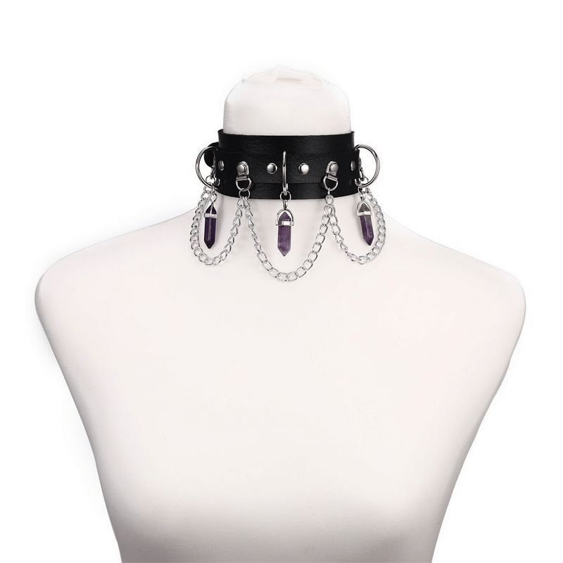 Faux leather goth choker with hexagonal stone pendants and chains, stylish accessory for women's alternative fashion.