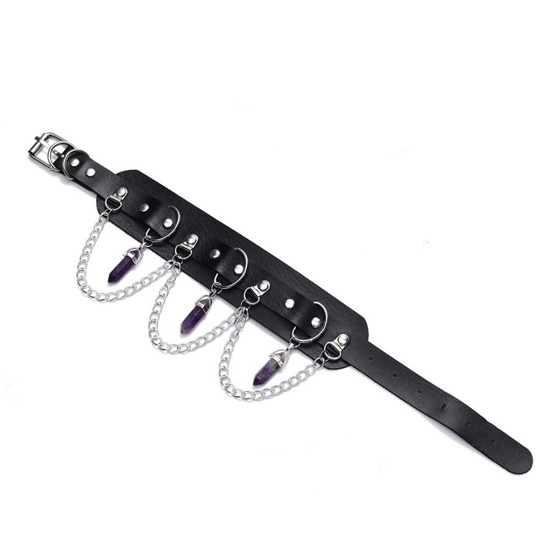 Faux leather choker with hexagonal stone pendants and chains, perfect gothic style accessory for women.