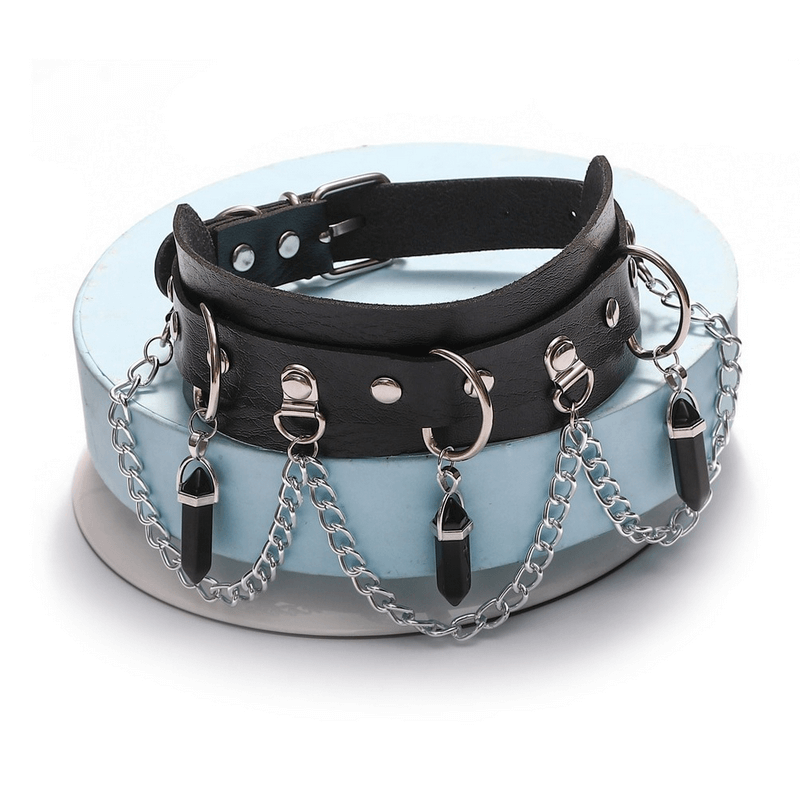 Faux leather choker with chains and hexagonal stone pendants, ideal for gothic fashion lovers.