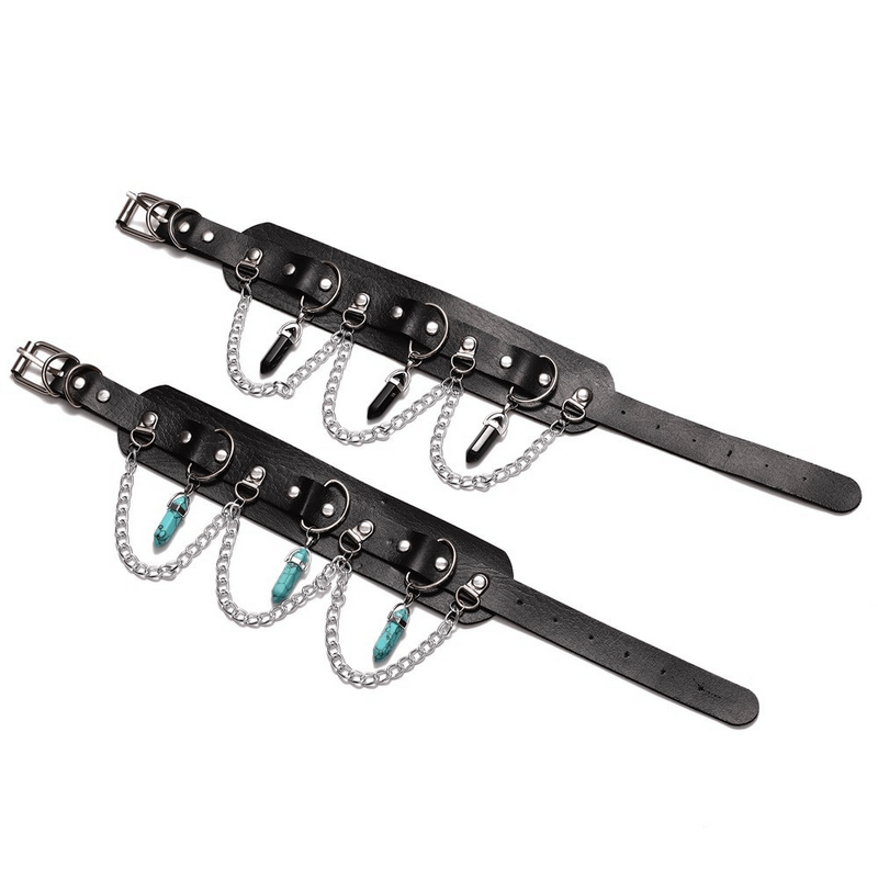 Stylish faux leather choker with chains and hexagonal stone pendants, perfect for gothic fashion lovers.