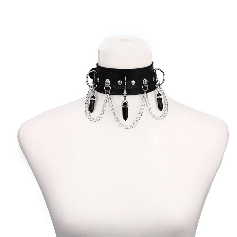 Faux leather choker with hexagonal stone pendants and chain, perfect Gothic style accessory for women.