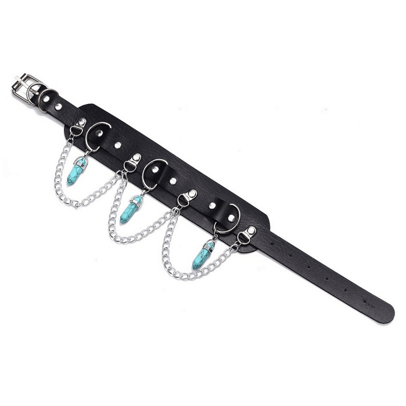 Faux leather choker with chain and hexagonal stone pendants, perfect for gothic style accessories for women.
