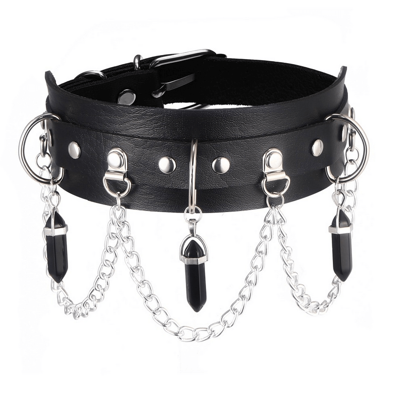 Faux leather choker with chains and black stone pendants, perfect for gothic style accessories.