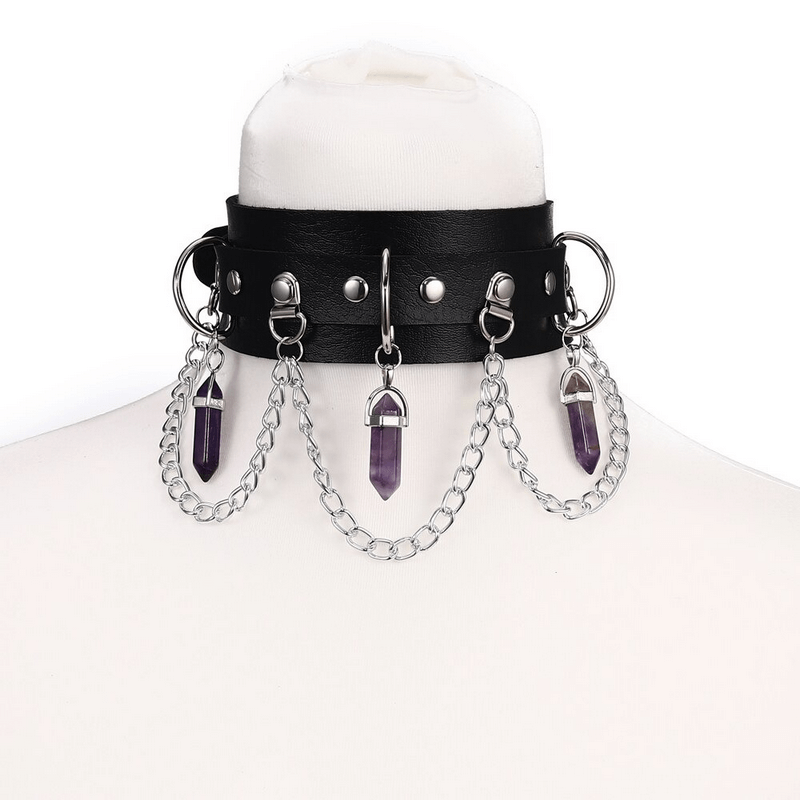 Gothic faux leather choker with hexagonal amethyst pendants and chains, perfect for stylish women.