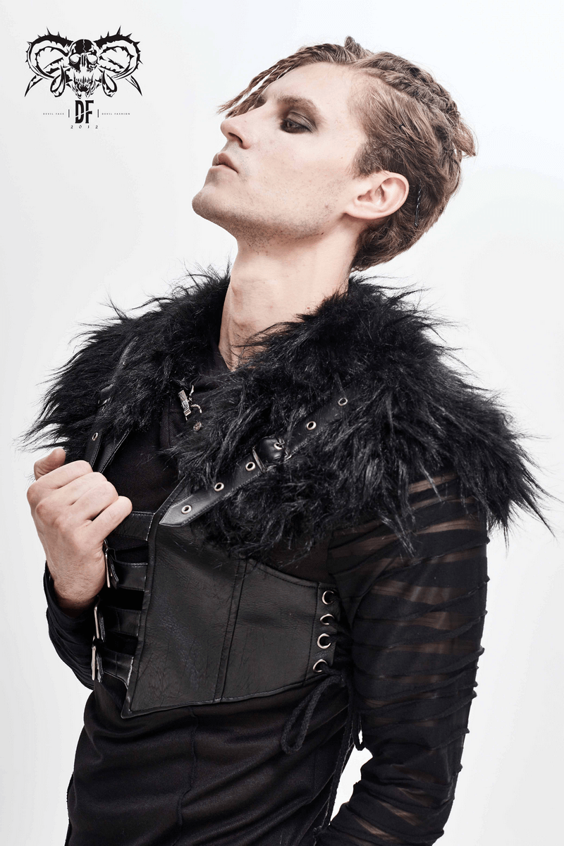 Faux Leather Waistcoat with Fur on Shoulders / Lace-up Sides Waistcoat with Belt & Buckle - HARD'N'HEAVY