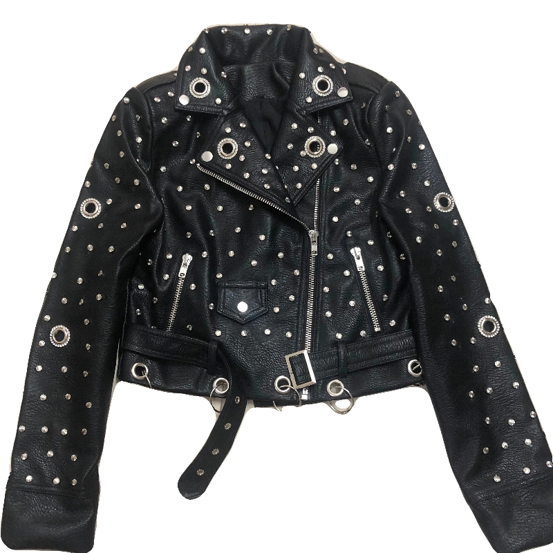 Faux leather women's jacket with silver rivets, perfect for rock style outfits and alternative fashion.