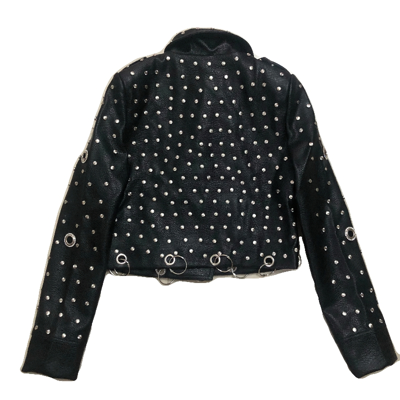 Back view of a black faux leather women's jacket adorned with silver rivets, showcasing a stylish rock vibe.