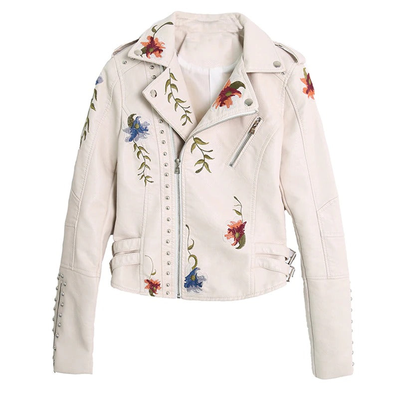 Faux leather women's motorcycle jacket with vibrant floral embroidery and stylish studs, perfect for fall and winter.