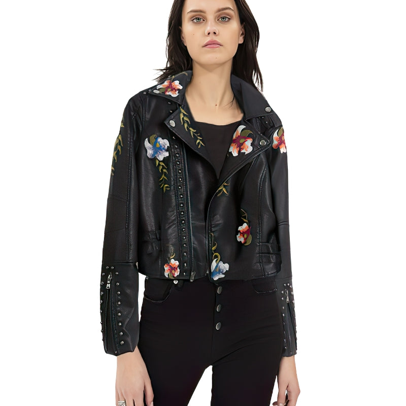 Stylish faux leather women's motorcycle jacket with floral embroidery and zippers, perfect for fall and winter.
