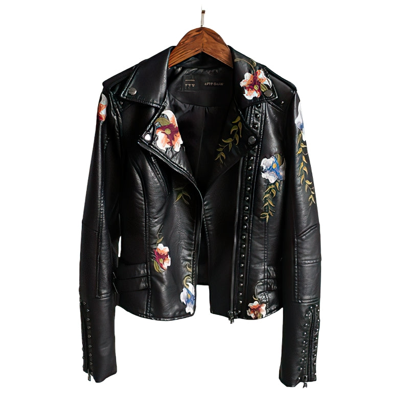 Faux leather black women's jacket with floral print embroidery, perfect for motorcycle style in fall and winter.