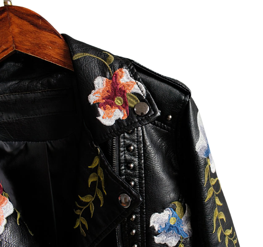 Faux Leather Women's Jacket / Floral Print Embroidery Outerwear / Female Motorcycle Black Coat - HARD'N'HEAVY
