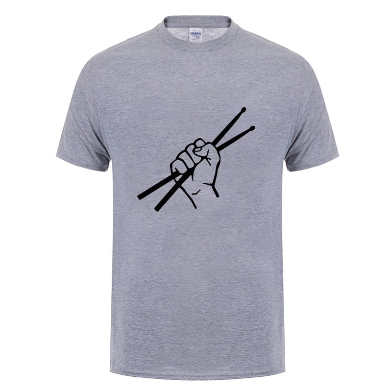 Gray cotton t-shirt featuring a fist holding drumsticks, perfect for music lovers and drummers.