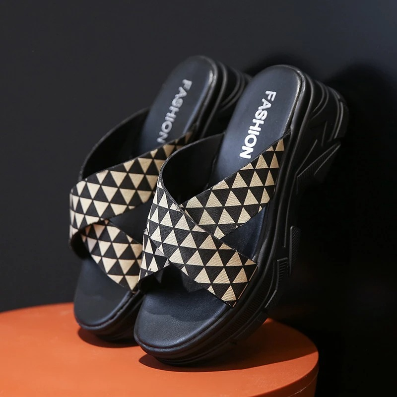 Trendy women's alternative style sandals with geometric pattern on cross straps, perfect for a cool aesthetic look.