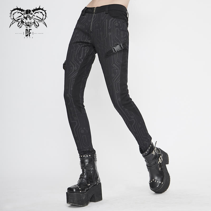 Female Black Long Skinny Pants Printed / Cyberpunk Style Pencil Trousers for Women - HARD'N'HEAVY