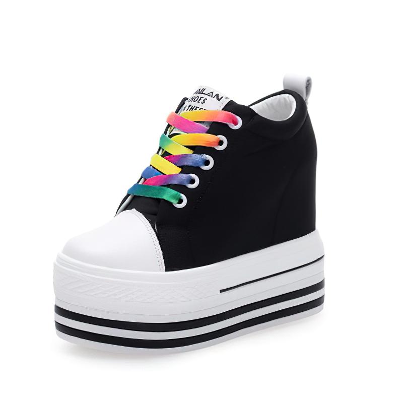 Stylish black female canvas platform sneakers with colorful laces, perfect for any outfit and casual look.