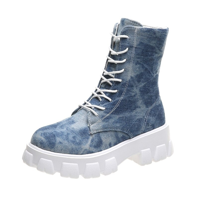 Stylish blue denim combat boots with white sole, perfect for alternative style outfits and rocker girl looks.