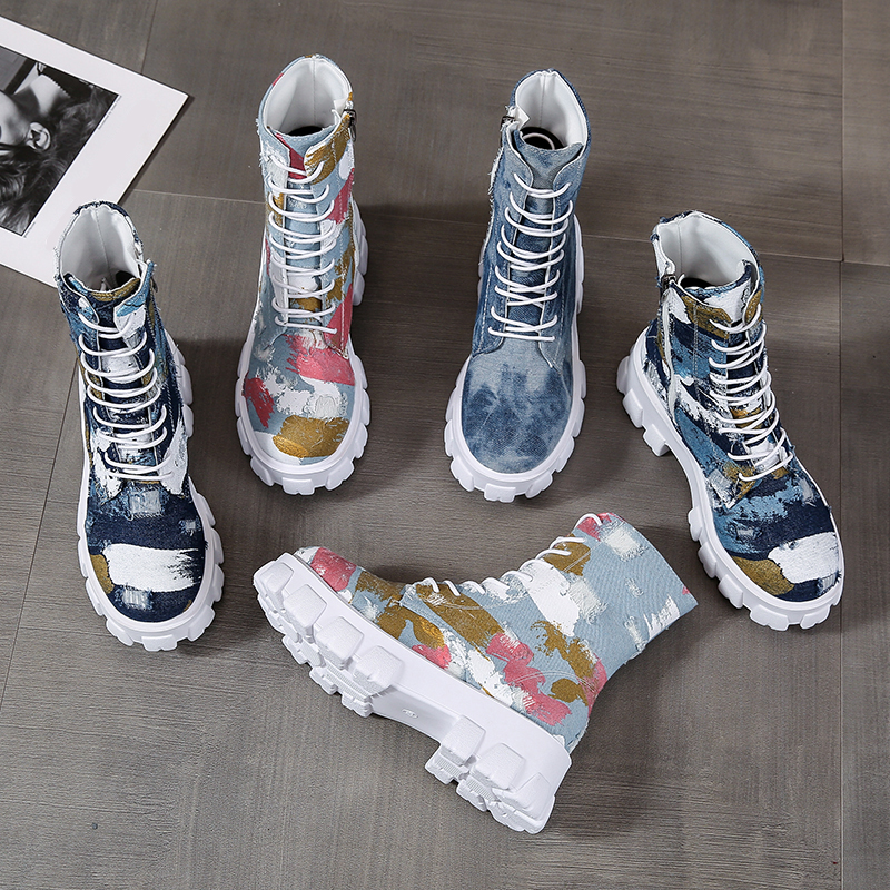 Eye-catching women's combat boots in alternative style with colorful prints and trendy design, perfect for rocker girl outfits.
