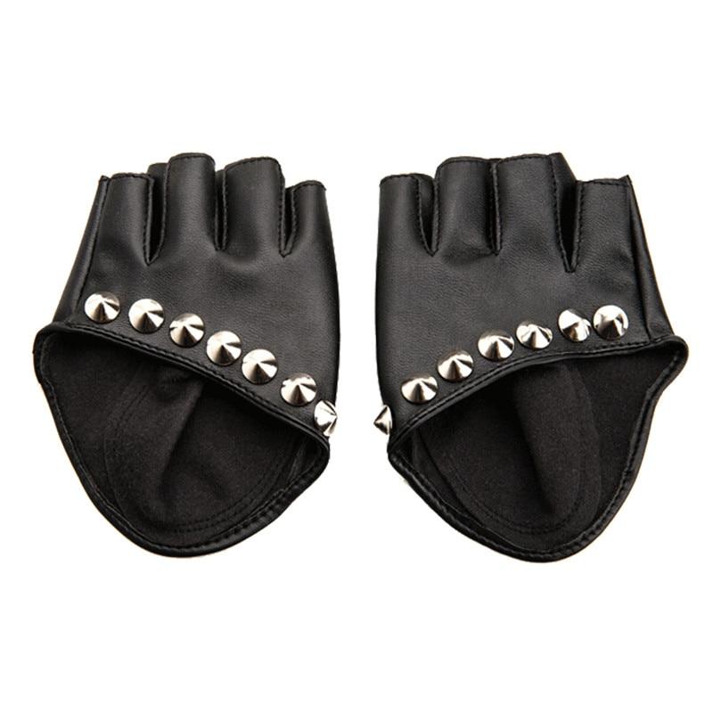 Black fingerless gloves with shiny rivets, perfect for alternative fashion and punk rock styles.