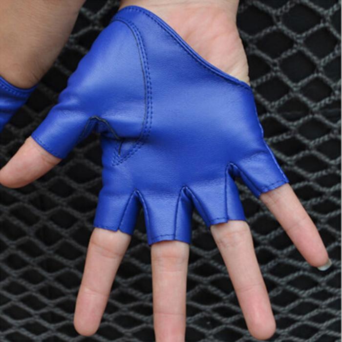 Blue fingerless gloves with a sleek PU leather design, perfect for alternative fashion and punk rock style.