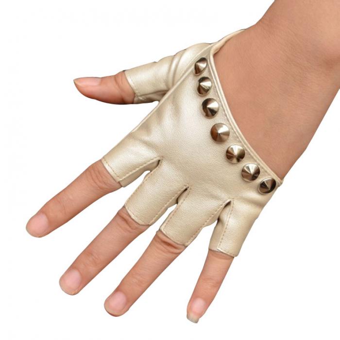 Stylish fingerless gloves in gold with studded rivets for punk rock alternative fashion enthusiasts.