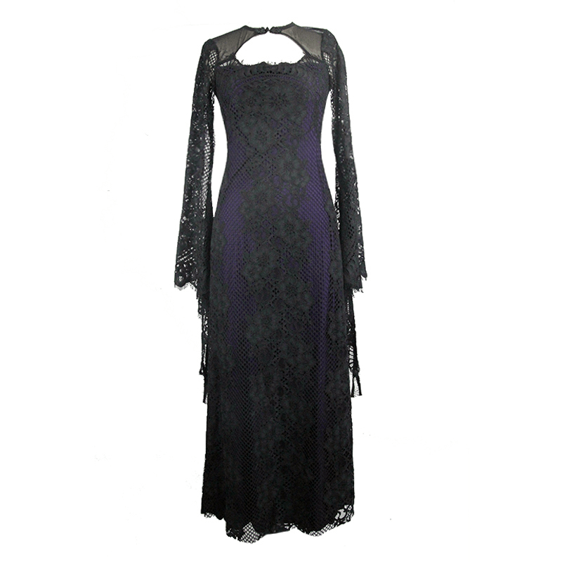 Female Gothic Dress With Lace Flared Sleeves / Vintage Purple Dress Layered With Black Floral Mesh