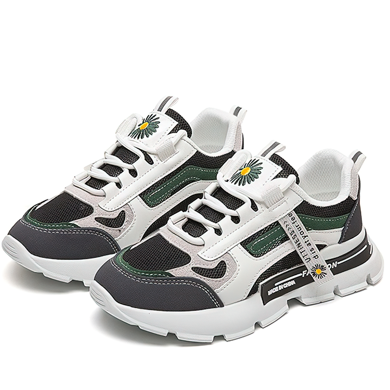 Stylish female lace up sneakers with daisy design, casual sports shoes featuring thick bottom and patchwork style.