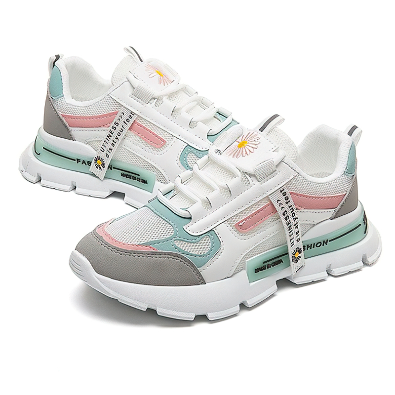 Stylish female lace up sneakers with daisy design, ideal casual women's sports shoes with thick bottom.